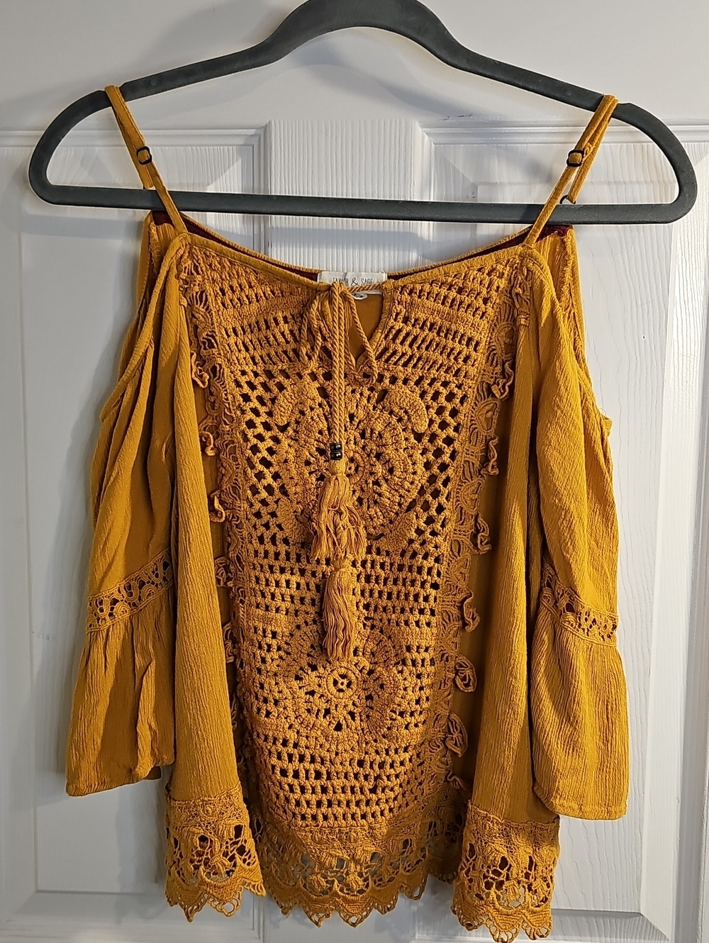 Taylor & Sage Mustard Crochet Cold-Shoulder Camisole Top